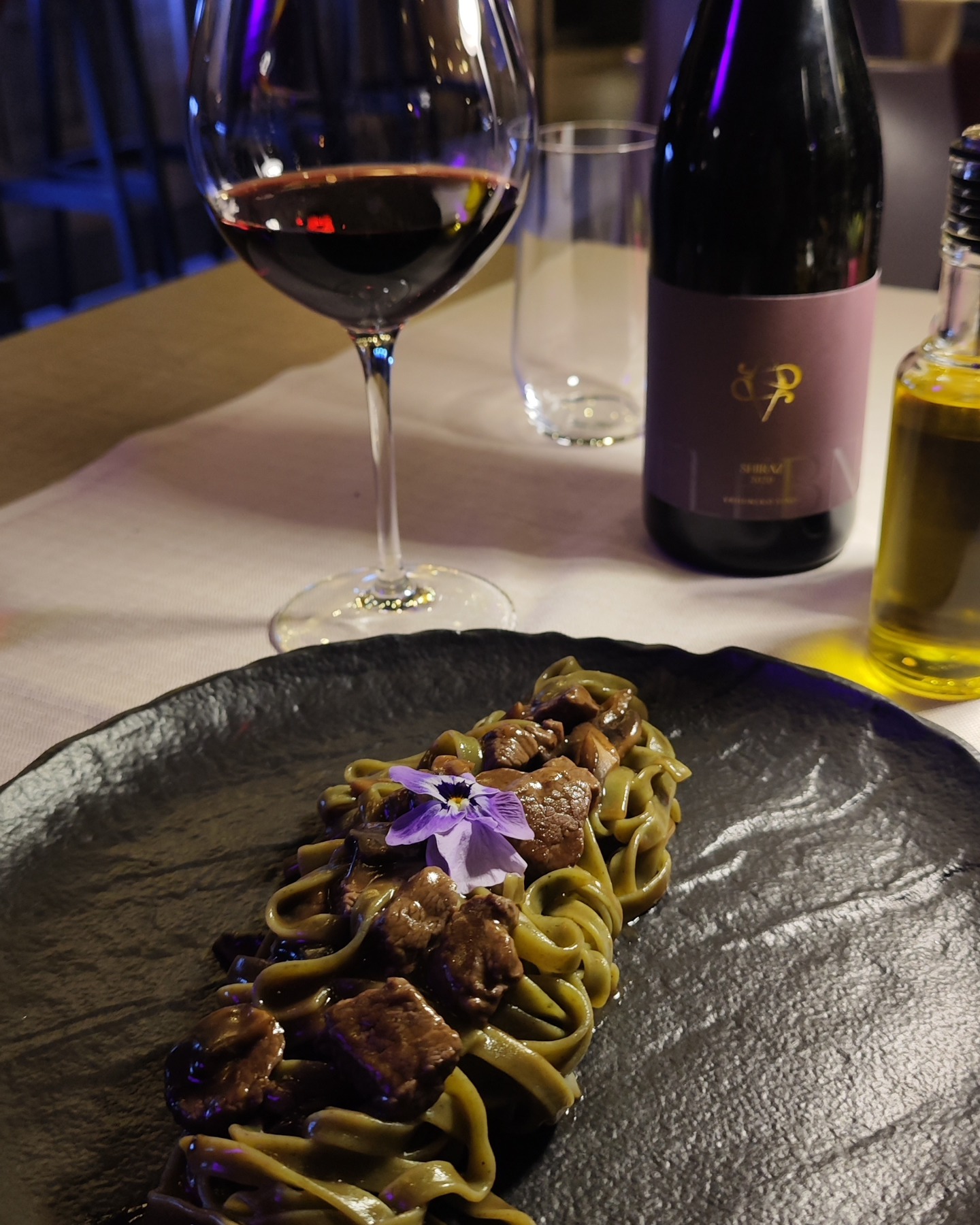 Mediterranean pasta and wine at Restaurant Ruzmarin in Srebreno near Dubrovnik